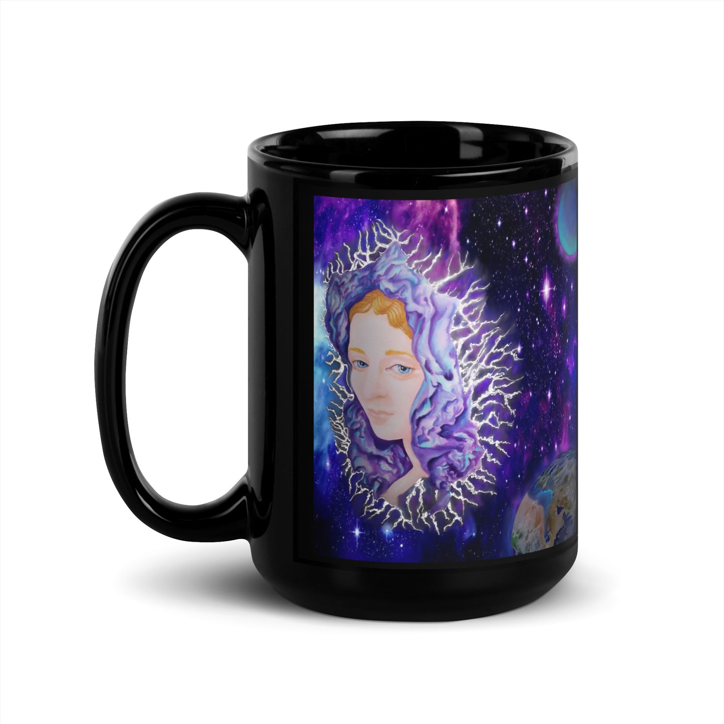 Original Art Angel in Space Black Glossy Mug