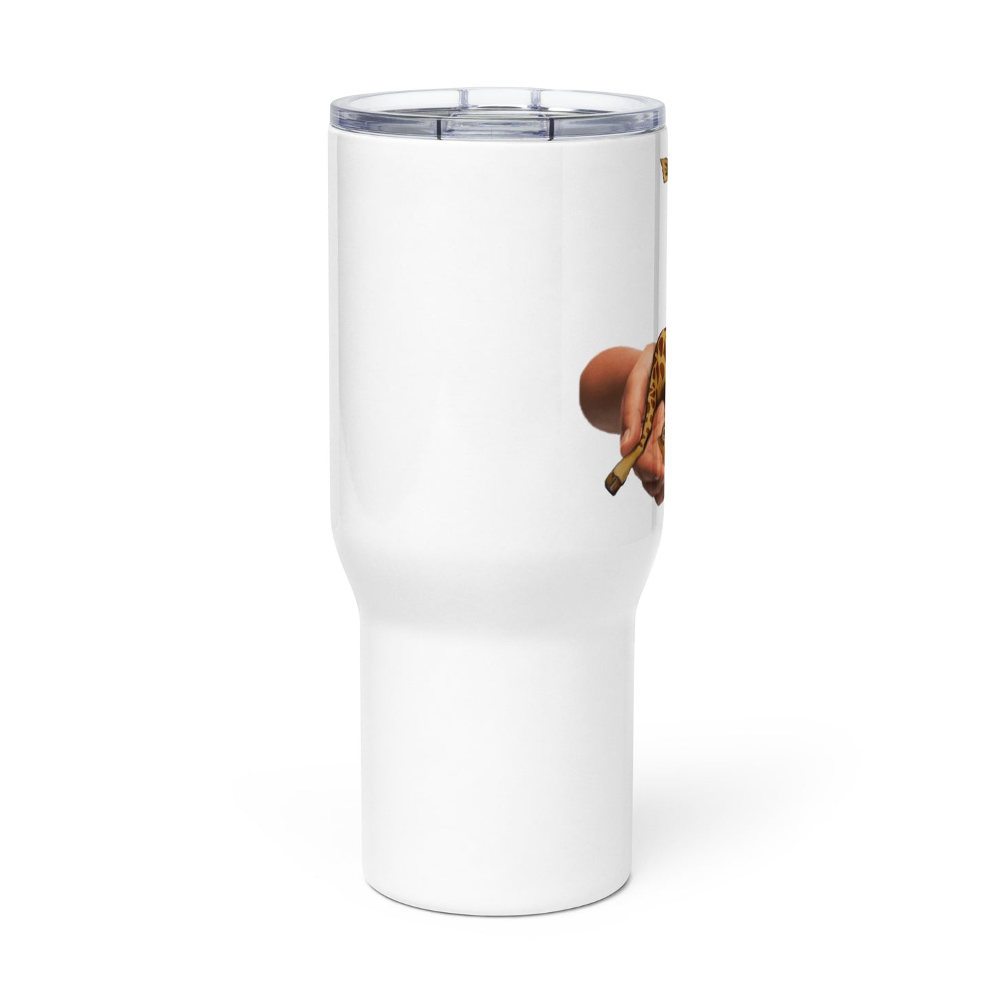 Baby Giraffe in hands Travel mug with a handle