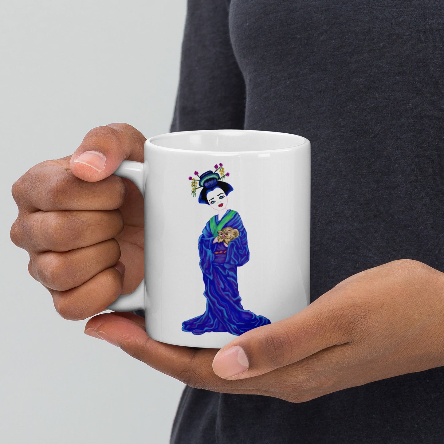 Young Geisha girl with Kitten White glossy mug