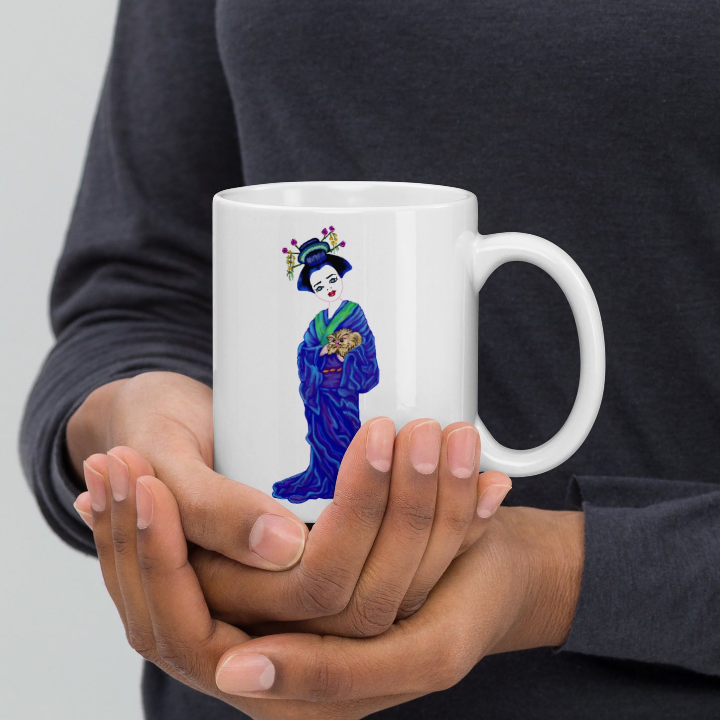 Young Geisha girl with Kitten White glossy mug