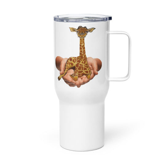 Baby Giraffe in hands Travel mug with a handle