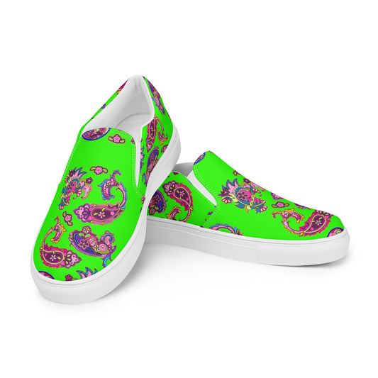 Paisley on Neon Green Design Women’s slip-on canvas shoes